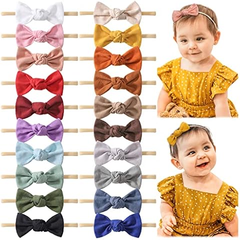 jollybows 20PCS 3.2" Baby Girls Linen Headbands Hair Bows Stretchy Nylon Hairbands for Newborn Infant Toddler Hair Accessories Cover