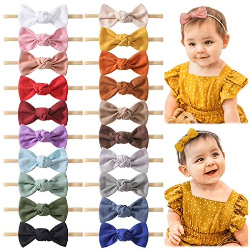 jollybows 20PCS 3.2" Baby Girls Linen Headbands Hair Bows Stretchy Nylon Hairbands for Newborn Infant Toddler Hair Accessories 1- Upgrade Line colors