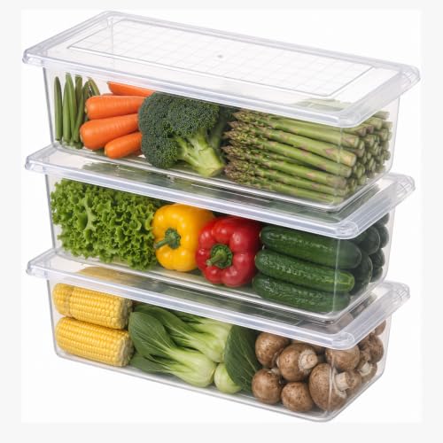 Image of Fridge Organizer with Removable Drain Plate and Secure-Sealing Lids, Fridge Storage Boxes for Fresh Fruits and Vegetables, Food Container Box Set (3)