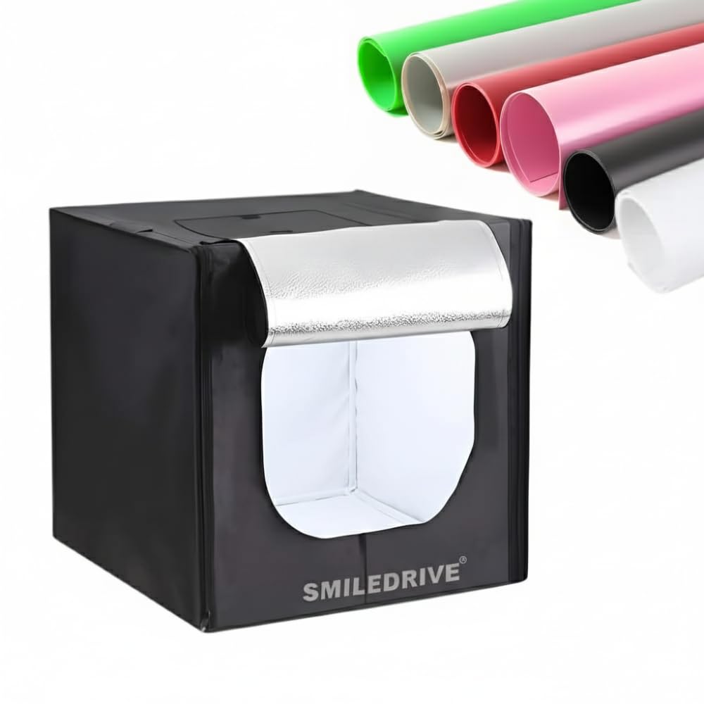 SMILEDRIVE® Professional Photo Studio Light Box 60x60x60cm Portable Product Photography Tent Booth Lighting Kit- 2 LED Light, Adapter & 6 Backdrops - Made in India