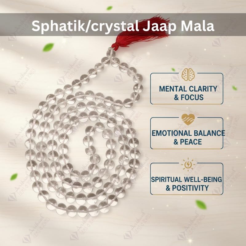 Image of Arihant Gems and Jewels 108+1 Beads Sphatik Jaap Mala for Pooja | Natural & Certified | Astrological Gemstone | Positive Effect | Unisex Both for Men & Women