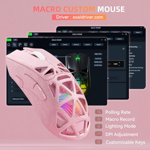 Image of Aula SC620 Wireless Gaming Mouse, Tri-Mode 2.4GHz /USB-C /BT5.3 Computer Mouse with 12000 DPI, Programmable Macro Gamer Mouse with Rapid Fire Key, RGB Light Gaming Mice for PC /Laptop /Mac (Line Pink)