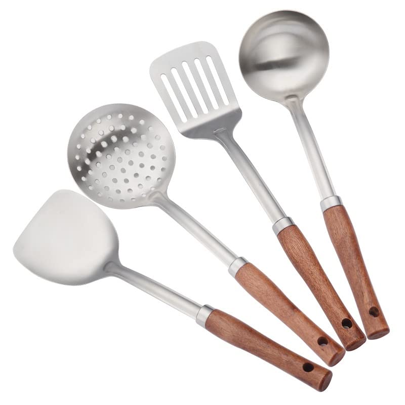 Zastawa stołowa 4 sztuki Zestaw narzędzi do gotowania ze stali nierdzewnej 304 z drewnianą rączką Gadżety kuchenne Łopatka Łyżka do zupy Nonstick Łopatka Serwis obiadowy little surprise
