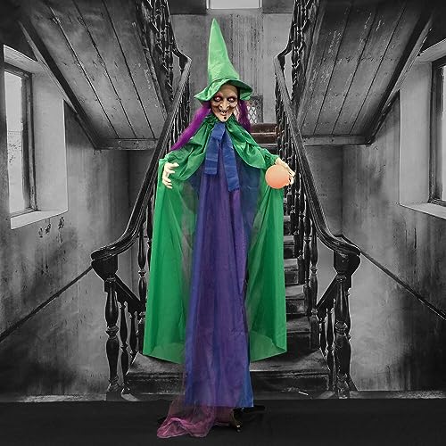 Haunted Hill Farm Talking Fortune Teller Witch Halloween Animatronic with Movement and Light-Up Crystal Ball for Scary Indoor or Covered Outdoor Halloween Decorations, Battery Operated Halloween Props