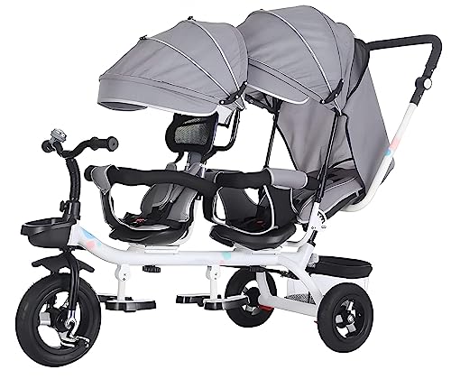 Kids Tricycle,Kids Tandem Trike with Parent Handle,Adjustable Canopy,Rotatable Seat,Outdoor Kids Push Tricycle Stroller with Inflate-Free Wheels,Dual Brakes,Storage Baskets,Gray