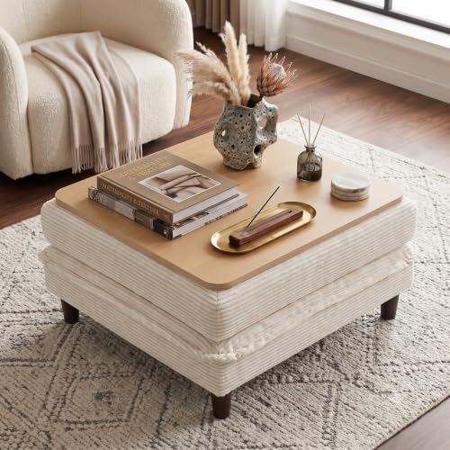 Image of Corduroy Storage Ottoman Coffee Table for Modular Sectional Couch, Corduroy Footrest Extension with Hidden Storage, Modern Soft Cushioned Stool for Living Room, Cream