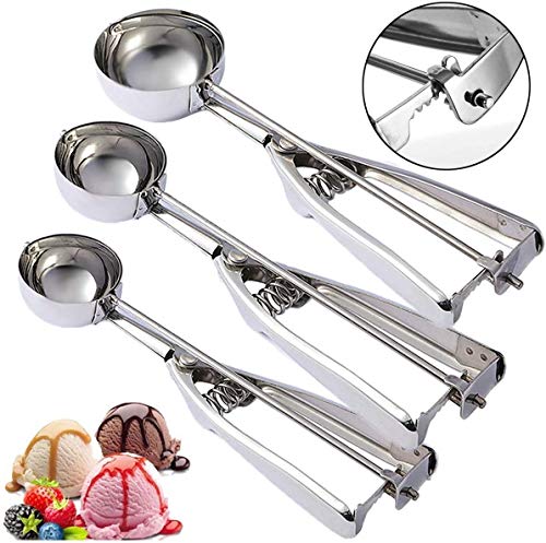 Cuillère à crème glacée - 3 pièces de déclenchement de cuillère à crème glacée en acier inoxydable comprennent petite taille （1,57 pouce), taille moyenne (1,96 pouce), grande taille (2,36 pouces)