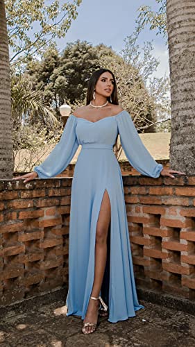 Women's Long Sleeves Bridesmaid Dresses with Slit A-line Off The Shoulder Chiffon Formal Evening Dress3