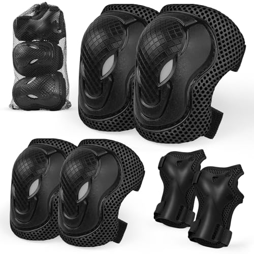 Kids Knee And Elbow Pads 6 in 1 Adjustable Kids Sports Protective Gear Set With Mesh Bag for Skateboard Roller Skating Biking And Outdoor Multi-Sports (Black S)