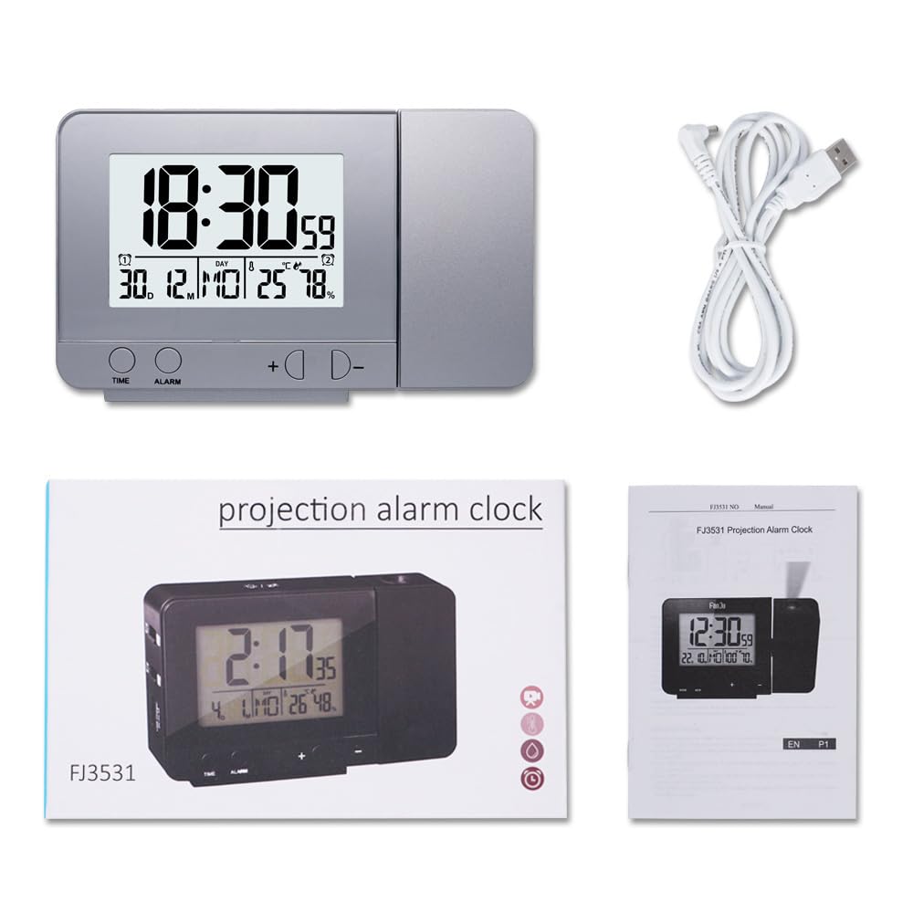 Reloj con Proyector con Doble Alarmas, Reloj Digital con Carga USB, Función Snooze, Humedad y Temperatura Interior, 12/24 Horas, Fecha