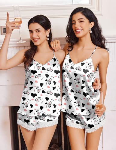 Image of Ekouaer Satin Pajamas Women Lace Sleepwear Lingerie Cami Shorts Set Nightwear XS-XXL