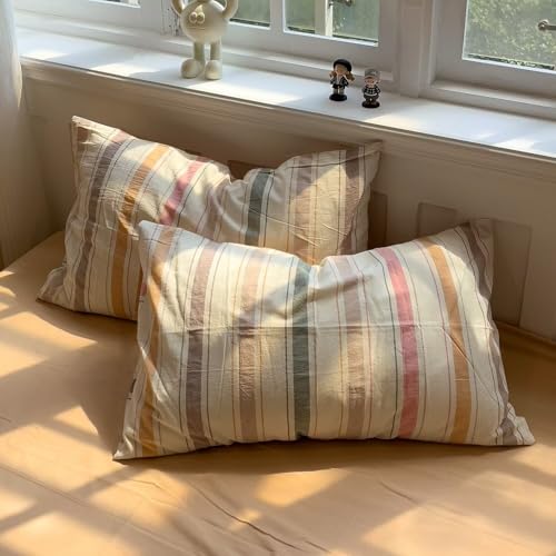 Image of MKXI Washed Cotton Duvet Cover Set Retro Stripes in Autumn Palette 3-Piece Vintage-Style Bedding with Secure Zipper & Ties, for Nostalgic Bedrooms, Dorms & Cozy Spaces (Full Size)