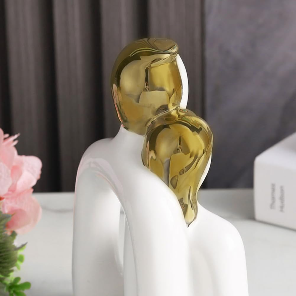 Ceramic Hugging Couple Statue – White & Gold Abstract Love Sculpture For Home Decor, Anniversary Gift