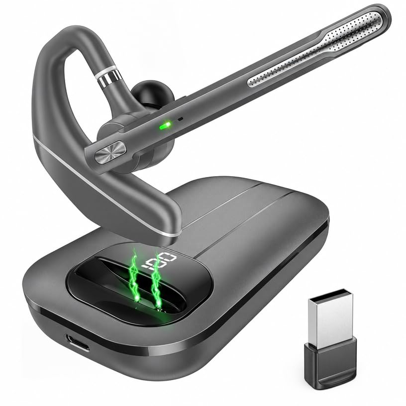 EKVANBEL Oreillette Bluetooth mono sans fil V5.3, étui de charge portable de 1 000 mAh offrant 96 heures de conversation, double microphone antibruit mains libres pour camionneur à la maison et sur