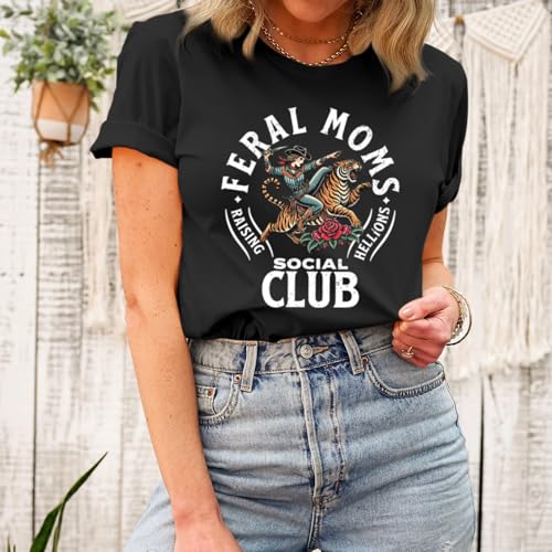 Image of Mama Shirts for Women Cool Feral Moms Social Club T-Shirt Vintage Western Graphic Shirt Funny Mothers Day Tee Tops