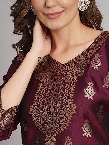 Image of VredeVogel Women's Cotton Silk Jacquard Kurta Pant Set with Banarasi Silk Dupatta