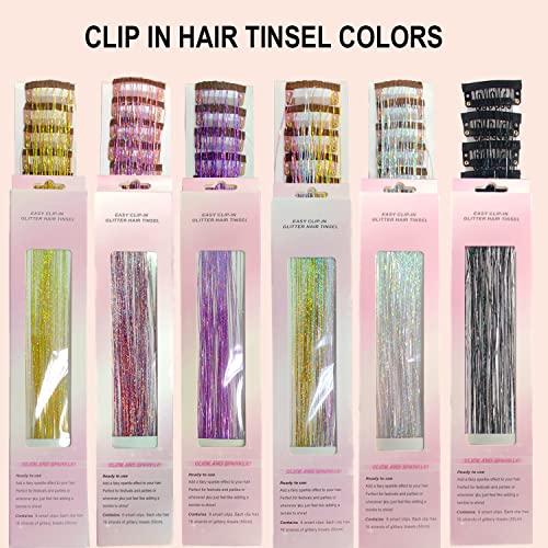 Extensiones de cabello brillo holográfico de 47" dorado resplandeciente, profesional, resistente al calor, accesorios para cabello, 6 piezas con clip, kit brillo rosa para fiestas y regalos para niñas miniatura 6