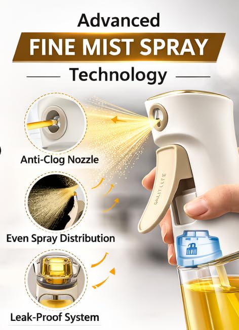 Image of Zollyss 2 in 1 Oil Dispenser and Sprayer, Glass Bottle with Fine Mist Spray Nozzle, Anti-Drip Pour Spout, Comfortable Handle Grip for Cooking and Salad (Oil Sprayer(200ml))