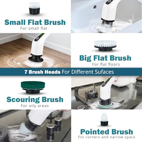 Image of Keliza Store Electric Spin Scrubber - Cordless Multi-Surface Shower Scrubber with 8 Replaceable Brush Heads, Long Handle, 2 Speeds for Deep Cleaning in Bathroom, Kitchen and More