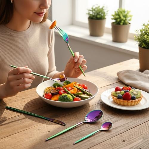 Image of 20 Pcs Rainbow Slim Handle Stainless Steel Cutlery Set for Dining Table with Spoons and Forks Set + Butterknives - The Perfect Tableware /Flatware