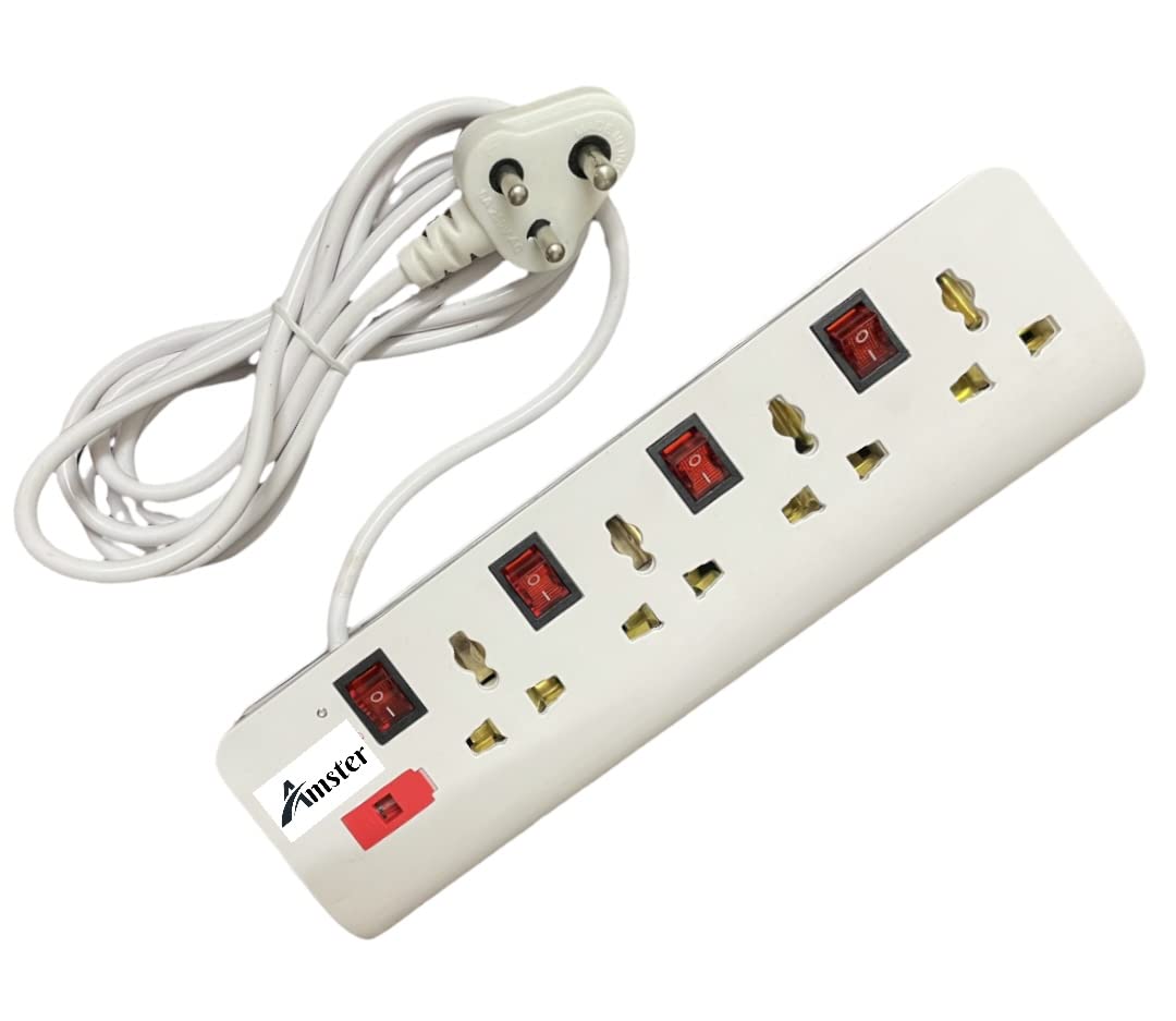 Amster 4 Socket Multi Outlet Socket Extension Board with LED switches, Universal Sockets and Fuse Surge Protection, (3 Yard Cord)