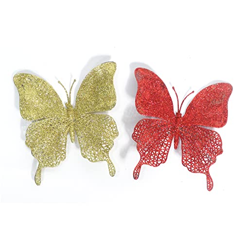 Image of Wanna Party Large Butterfly Christmas Hanging Ornaments (Pack of 2) | Red & Gold Glitter Xmas Decor (15x17cm) | Shatterproof Charms for Tree, Wreaths & Gift Wrapping