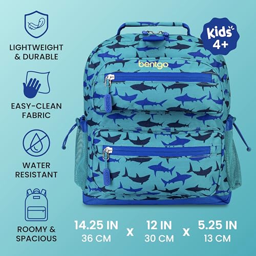 Image of Bentgo Kids Backpack - Lightweight 14 inch Backpack in Fun Prints for School, Travel, & Daycare, Ideal for Ages 4+, Roomy Interior, Durable & Water-Resistant Fabric, & Loop for Lunch Bag (Shark)