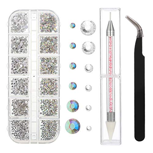 Auxsoul AB Nail Art Rhinestones Set with Pick Up Tweezer and Rhinestone Picker Dotting Pen, Clear Nail Stones Decorations, 1500 Pieces