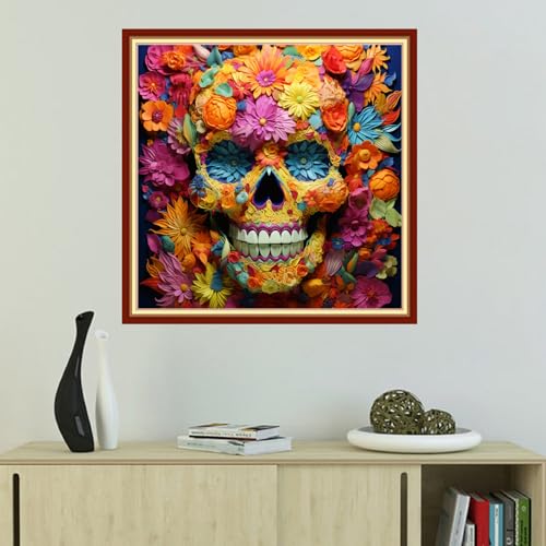 Image of Foxhool Beginners Cross Stitch Kits Stamped Full Range of Embroidery Kits for Adults DIY Cross Stitches kit Embroidery Patterns for Needlepoint kit-Colorful Skull 18x18 inch