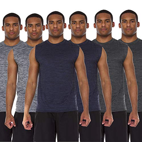 6 Pack: Men's Active Dry Fit Moisture Wicking Muscle Bodybuilding Sleeveless Athletic Performance Workout Sport Fitness Space Dyed Tank Top (Large, Set A)