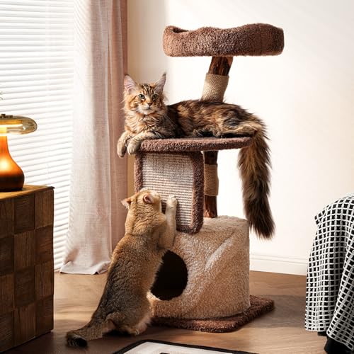 40 Inch Tall Modern Solid Wood Cat Tree Tower for Indoor Cats Large Adult, Sturdy Heavy-Duty Cat Condo with Scratching Post, Perch, Scratcher, Platform, Cozy Hideaway