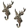 Set of 2 cast iron heavy duty rustic vintage finish deer head decorative key coat towel wall hook vintage metal wall mounted decorative wall hanger nature lovers gift idea deer head  urban country home decor