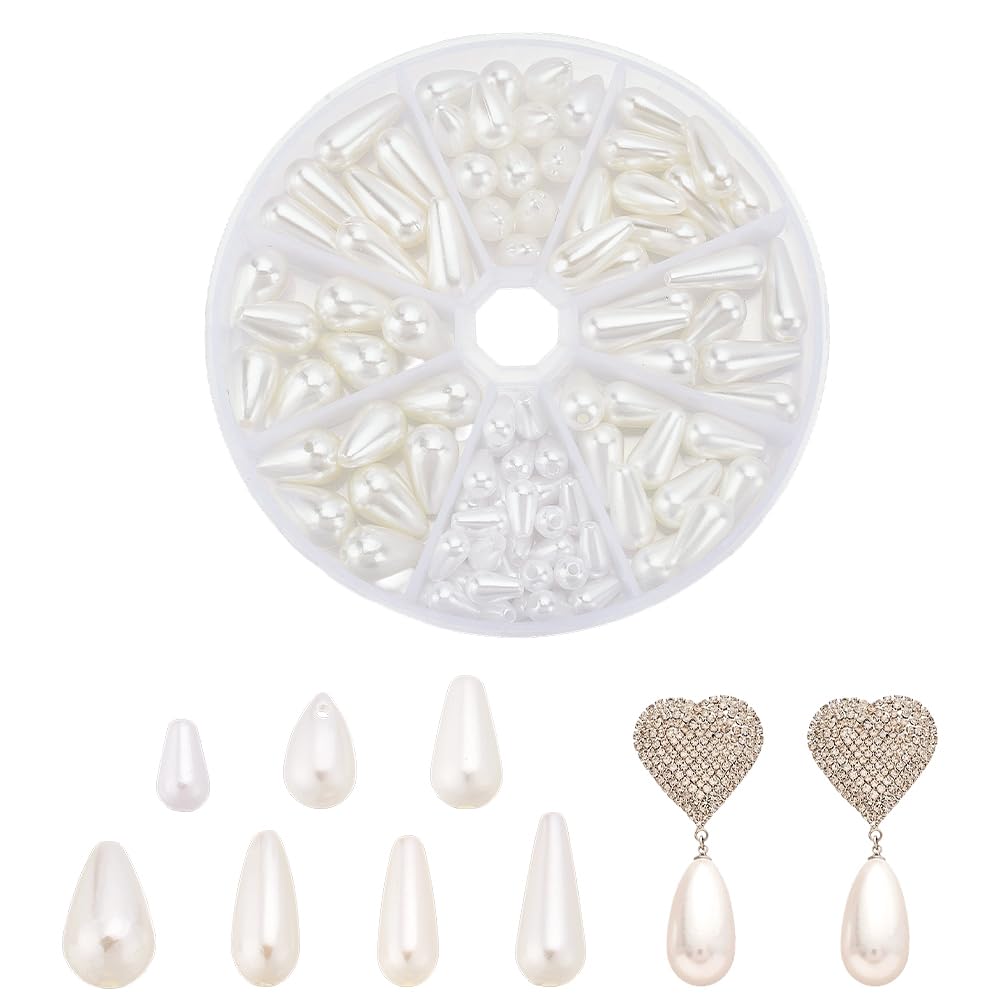 arricraft 92 Pcs Tear Drop Pearl Beads, 8 Styles Creamy White Teardrop Shape Beads ABS Plastic Imitation Pearl Beads Loose Spacer Beads for DIY Craft