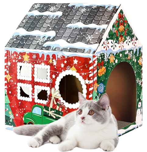MUNILAIL Christmas Cardboard Cat House with Scratcher 16.5