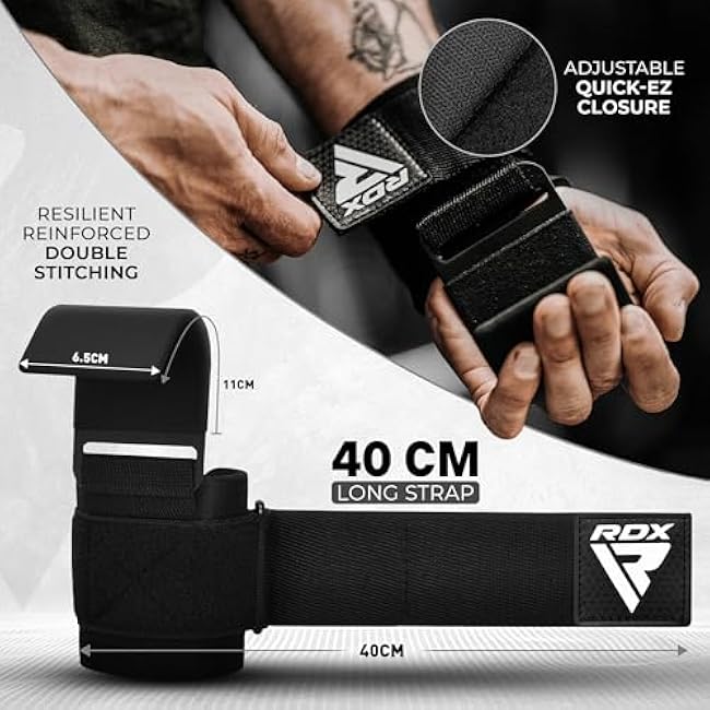 RDX Weight Lifting Hooks for Deadlifting (Pair) - 600Lbs Capacity - 8MM Neoprene Wrist Support Wraps - Grip Enhancer for Pull Ups Lat Pulldowns Rows - Adjustable Gym Workout Power Straps for Men Women