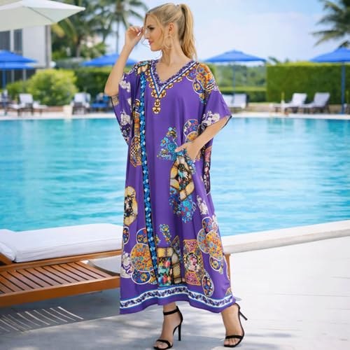 Image of Miss Lavish London Purple Kaftan Dresses for Women V Neck Batwing Sleeve Beach Vacation Bikini Swimsuit Cover Ups, Ethnic Print Plus Size Dubai Caftan Maxi Dress with Side Slits-Purple-S