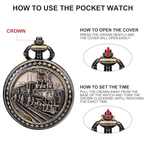 Image of SIBOSUN Antique Men Pocket Watch with Chain Oversized 50MM 1.96 Inch 3D Locomotive Steam Train Railroad Hollow + Box