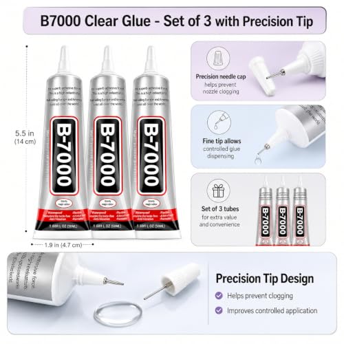 Image of B-7000 Multi-Purpose Adhesive Glue (50ML / 1.68 fl. oz) - Clear Liquid Glue Ideal for Crystal Crafts, Jewelry, Beads, Clothing, Shoes, Fabrics, Screen Repair, Metal, Stone & Glass (Set of 3)