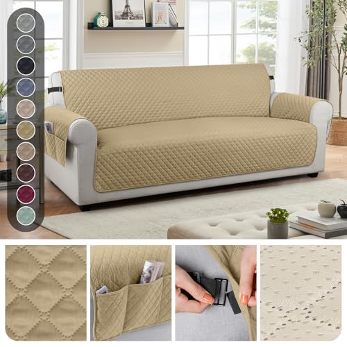 Image of TAOCOCO Sofa Protector 4 Seat Sofa Cover,Sofa Slipcovers with Storage Pockets,Anti Slip Couch Chair Covers,Washable Settee Cover for Pets(Sand)