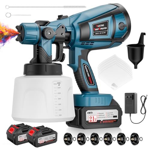 Paint Sprayer, 650W Spray Paint Gun with Battery 2 × 4.0mAh & 1400ML Container, Easy to Clean & Setup, Electric Paint Sprayer for House Painting Graffiti Wall Fence Furniture DIY Projects (Blue)