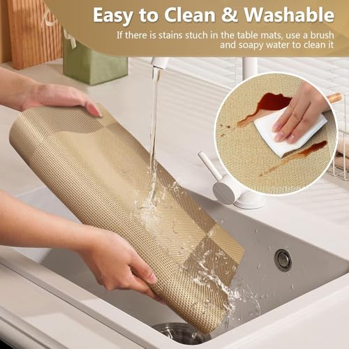 Image of Heat Resistant Table Placemats Set of 4 | Washable Dining Table Mats for Kitchen & Home Decor | Non-Slip, Waterproof, Easy to Clean PVC Woven Placemats for Dining Table (Golden Beige)