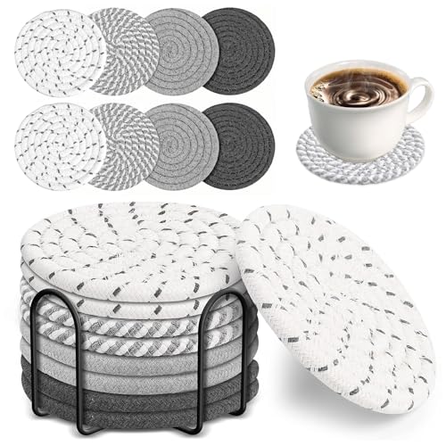Opiniones de Posavasos los preferidos por los clientes. 45 SYNMORE 8PCS Portavasos de Bebida de Cuerda de Algodón Trenzada de Antideslizantes con Soporte,Posavasos Resistente al Calor para Tazas, Cocina, Restaurante y Cafetería (8)