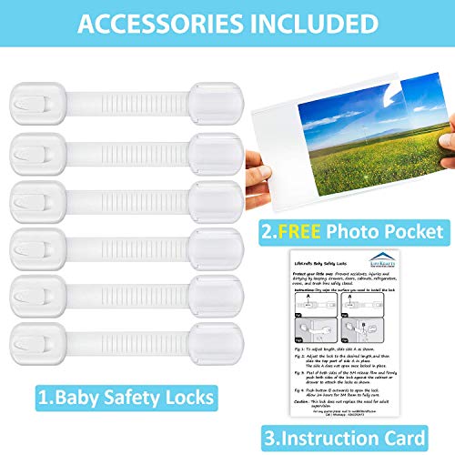 Image of LifeKrafts Adjustable Baby Safety Locks, Adjustable and Flexible Locks with 3M Adhesive Surface Area for Better Stick (White, Pack of 6-Includes 6piece of Safety Lock and 1Free Magnetic Photo Packet)