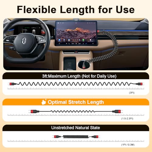 Coiled USB C à USB C Câble, 2 Cord de jeu de voiture Tepy C rétractable, enroulé USBC Câble automatique Android pour Galaxy S24/S23/S22, iPhone 15/16, Pixel 8, Une Plus 12, Moto G8 et CarPlay