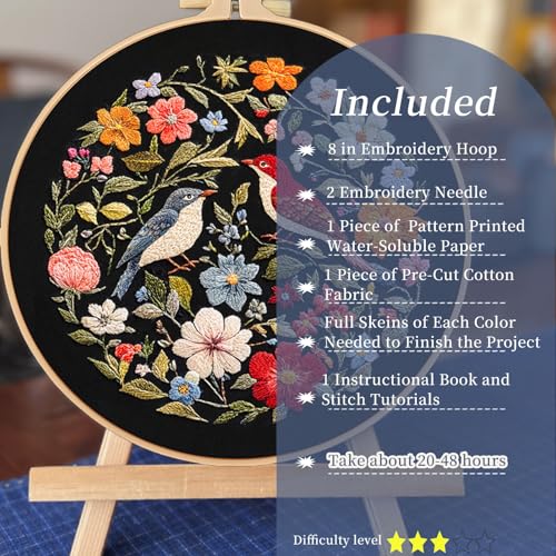 Image of FONNUY Embroidery Kit for Beginners, Birds with Flowers Pre-Stamped Pattern Kits for Adults with Hoop, Easy to Follow Color Thread Needlework, 8'' Hoop (Red)