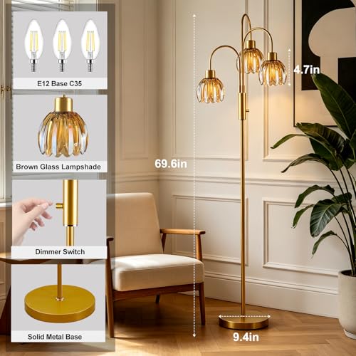 Image of 3-Light Glass Floor Lamp, 70 inch Gold Dimmable Standing Tall Lamp with Amber Glass Shades &3PCS 3000K Warm White Bulbs for Wedding /Party, Modern Tree Pole Lamp for Living Room Bedroom Home Decor