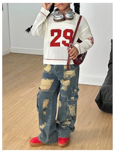 Girl's Y2K Sheer Crochet Sweater Star Number Graphic V Neck Long Sleeve Knit Pullover Sweaters3