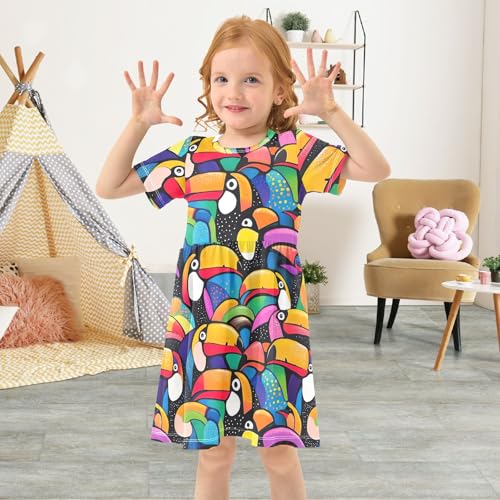 CHIFIGNO Abstract Toucans Dress for Girls Short Sleeve Crewneck Casual Sundress Toddler Girl Summer Clothes3