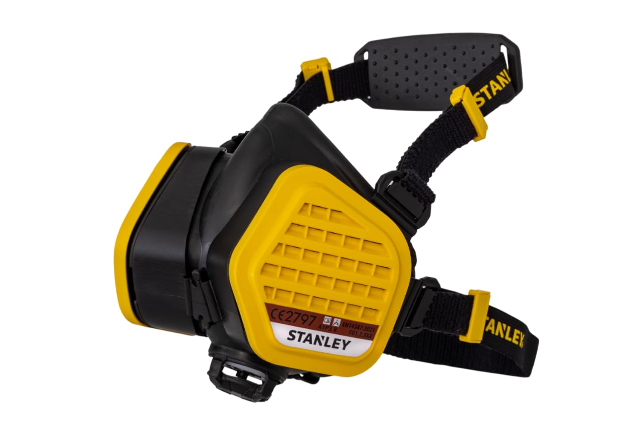 Stanley A1P3 Half Mask Respirator with Face-Fit Check, 99.97% Filtration, Activated Carbon Filters, Paint, Pesticide & Organic Gas Protection, Reusable Low-Resistance Breathing Mask - Medium/Large