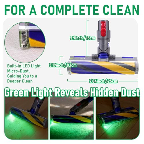 Image of LED Soft Roller Head Compatible with Dyson V8, V10, V11 & V15 | Fluffy hard floor brush with green LED optic light & trigger lock. Perfect replacement for your cordless vacuums.